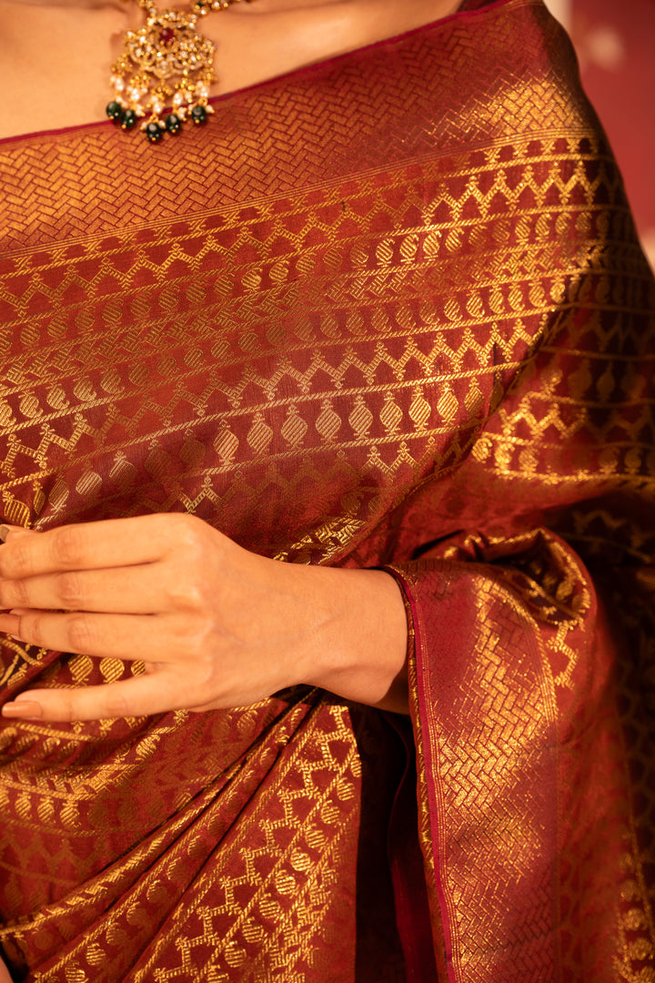 Rust maroon pure zari brocade Kanchipuram silk saree
