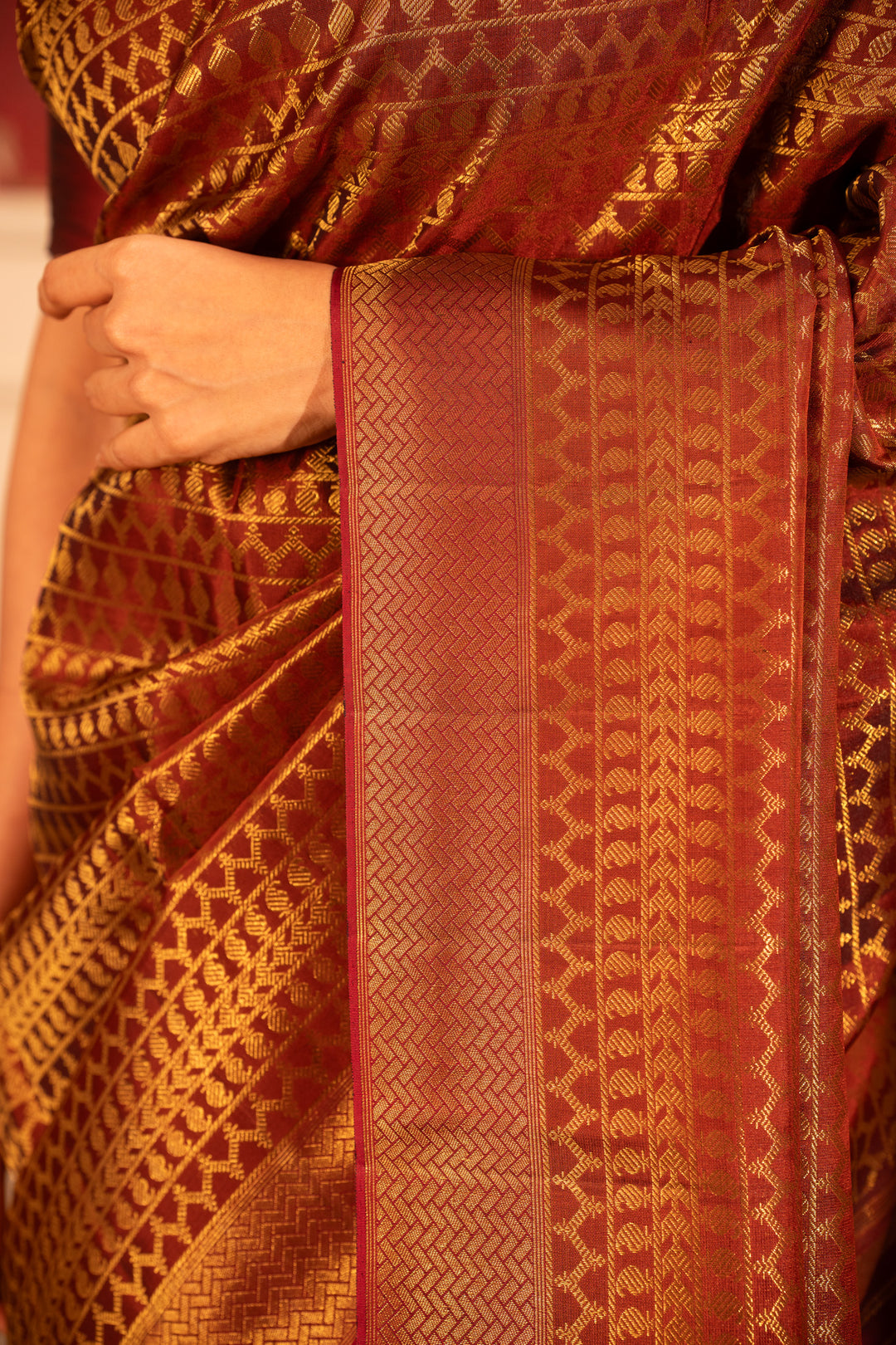 Rust maroon pure zari brocade Kanchipuram silk saree