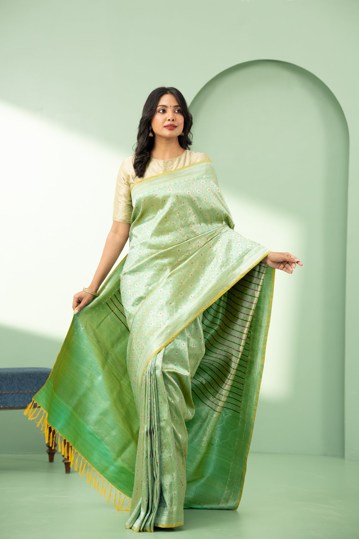 Mint green minakari brocade pure Banaras silk saree