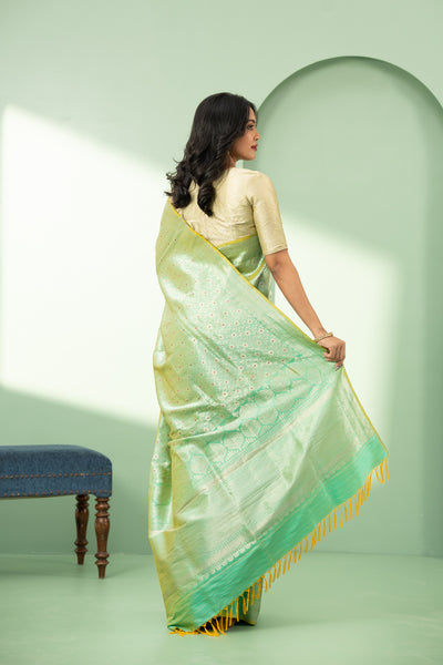 Mint green minakari brocade pure Banaras silk saree