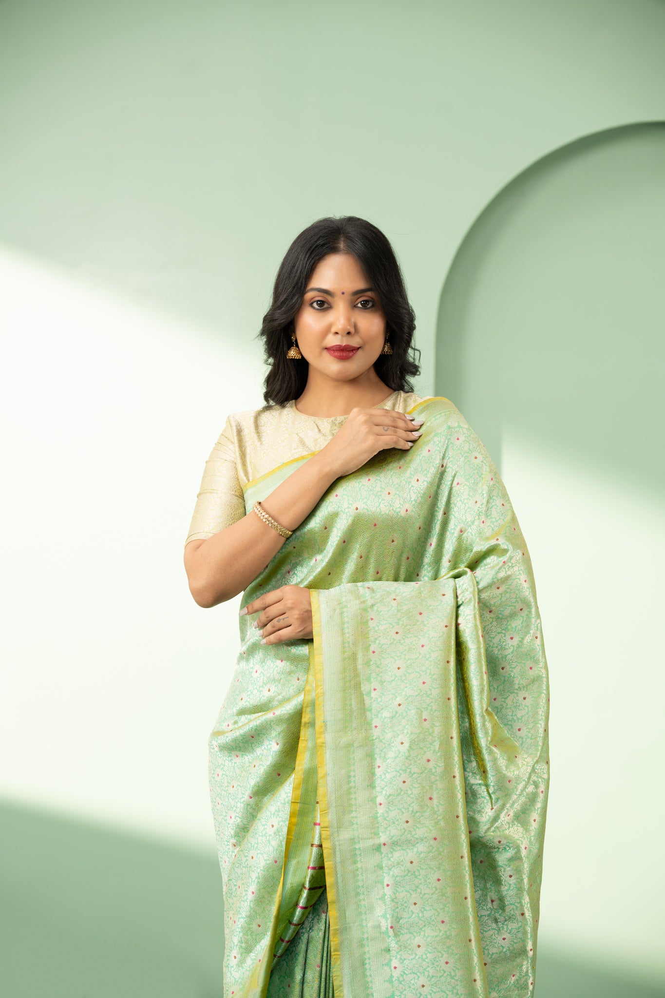 Mint green minakari brocade pure Banaras silk saree