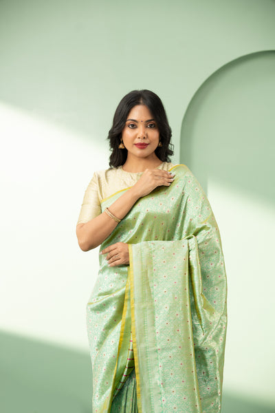 Mint green minakari brocade pure Banaras silk saree