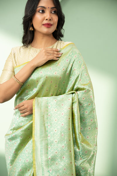 Mint green minakari brocade pure Banaras silk saree