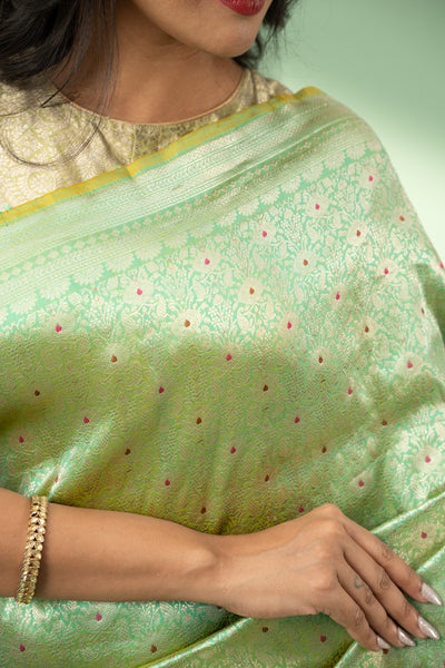 Mint green minakari brocade pure Banaras silk saree