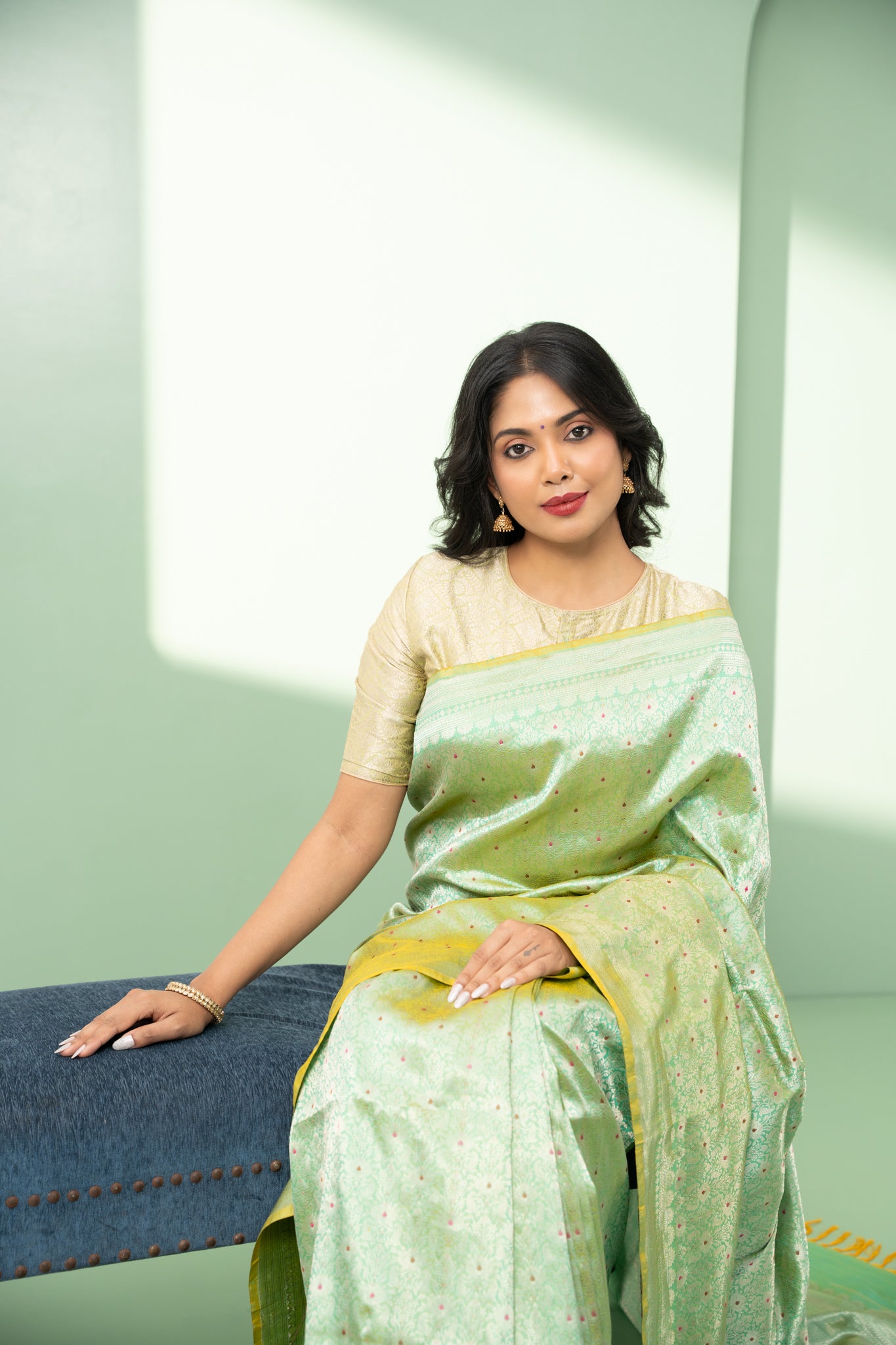 Mint green minakari brocade pure Banaras silk saree