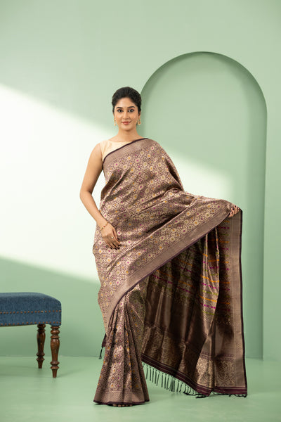 Brown minakari brocade pure Banaras silk saree