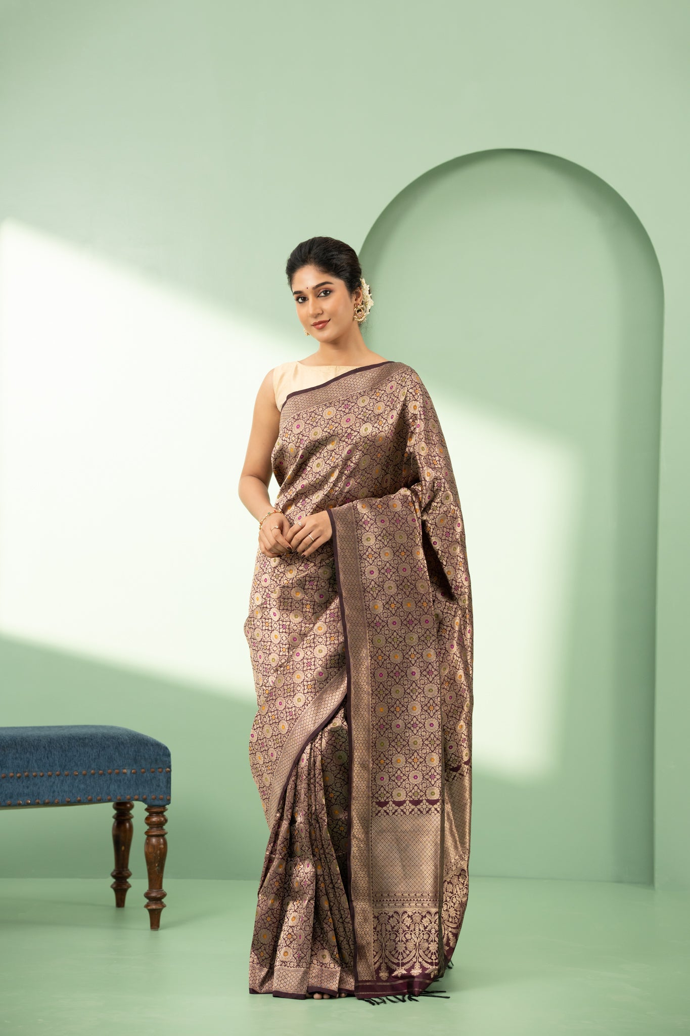 Brown minakari brocade pure Banaras silk saree