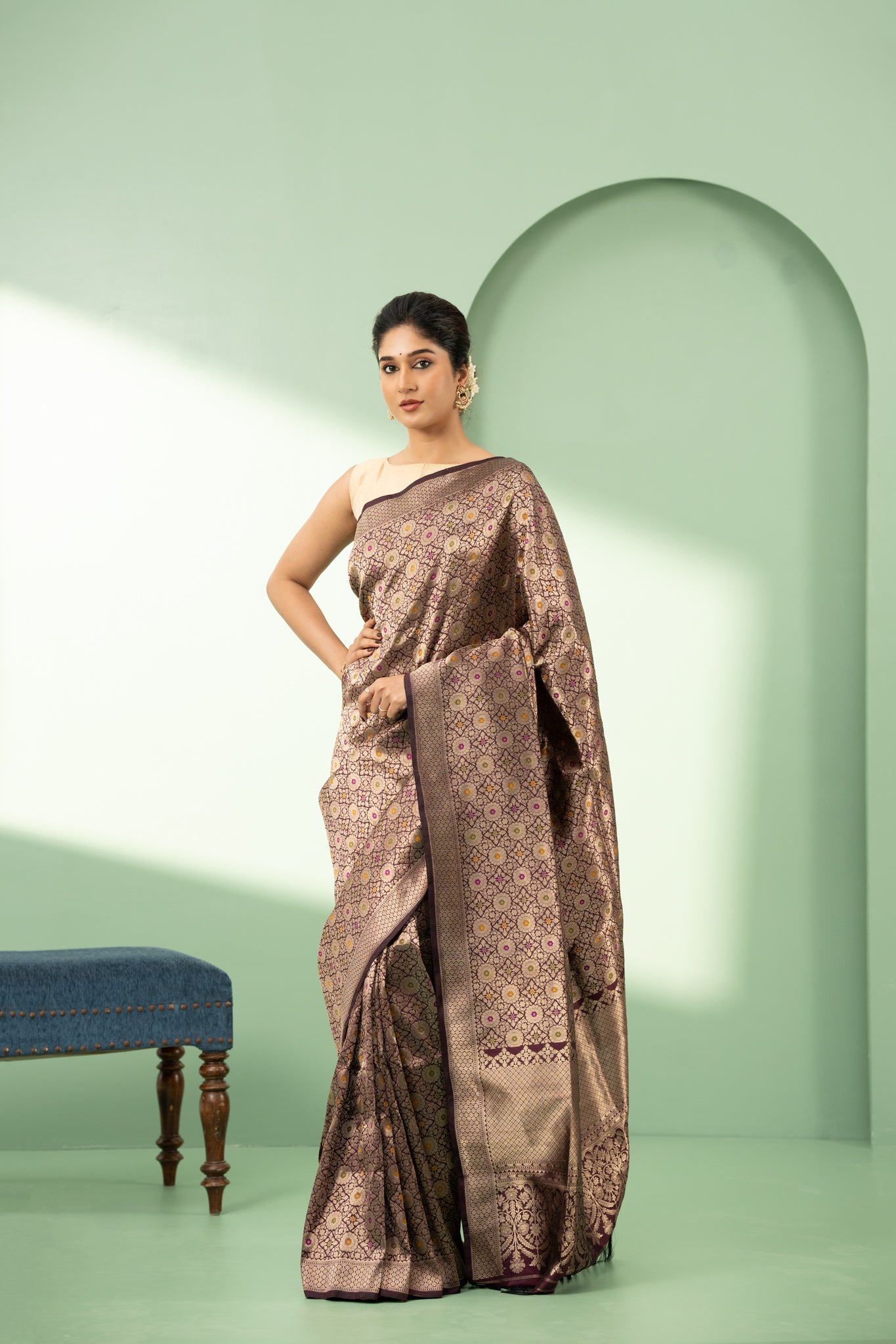 Brown minakari brocade pure Banaras silk saree