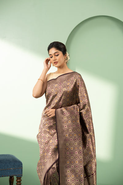 Brown minakari brocade pure Banaras silk saree