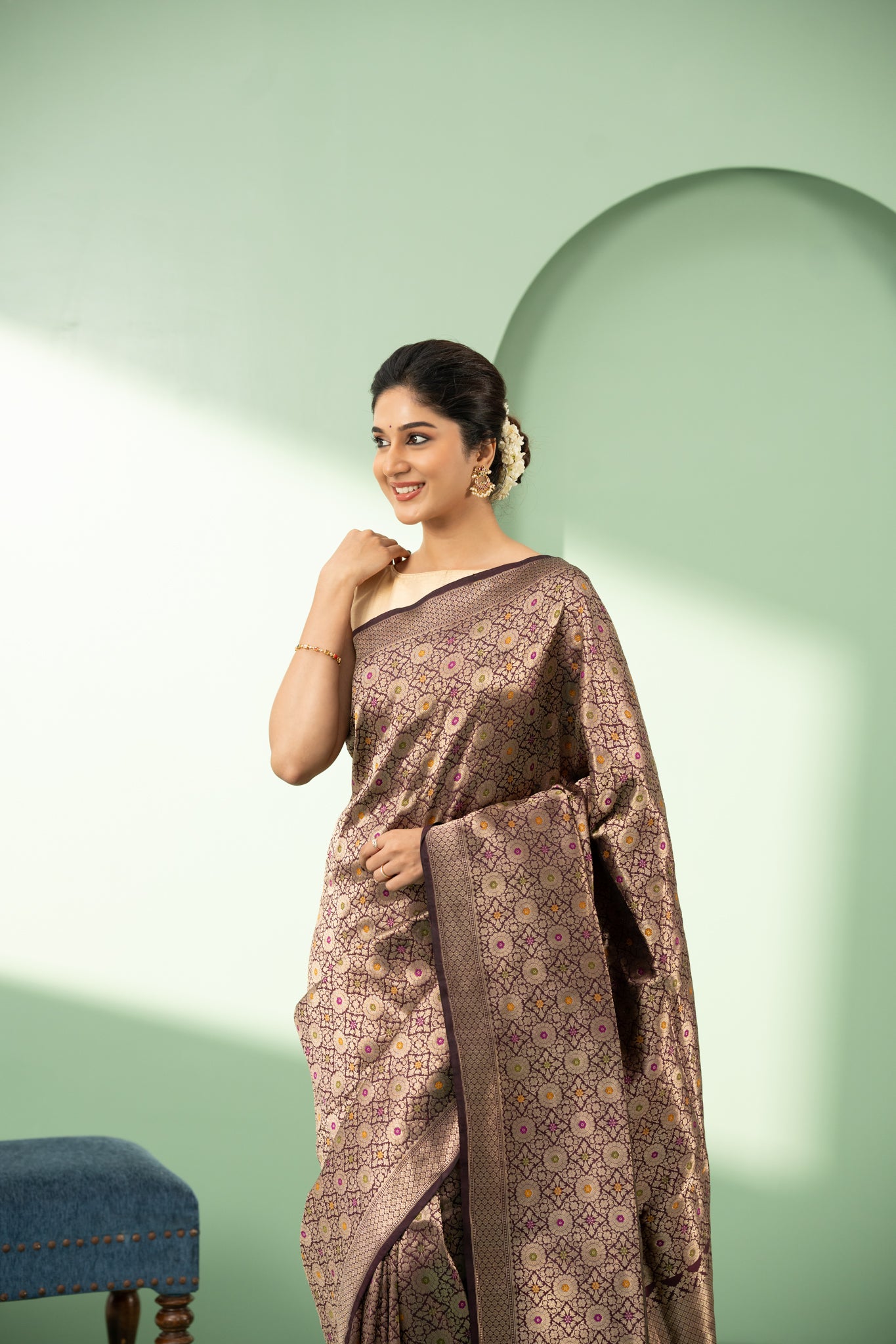 Brown minakari brocade pure Banaras silk saree