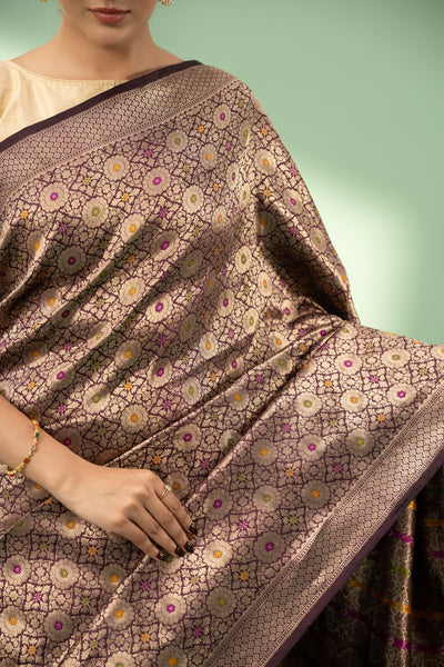 Brown minakari brocade pure Banaras silk saree