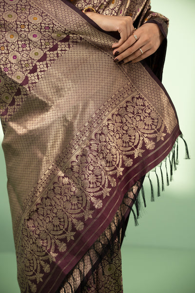 Brown minakari brocade pure Banaras silk saree