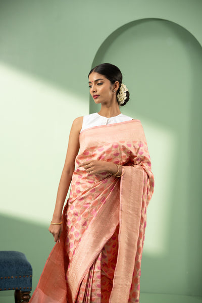 Pastel pink geometric pure Banaras silk saree