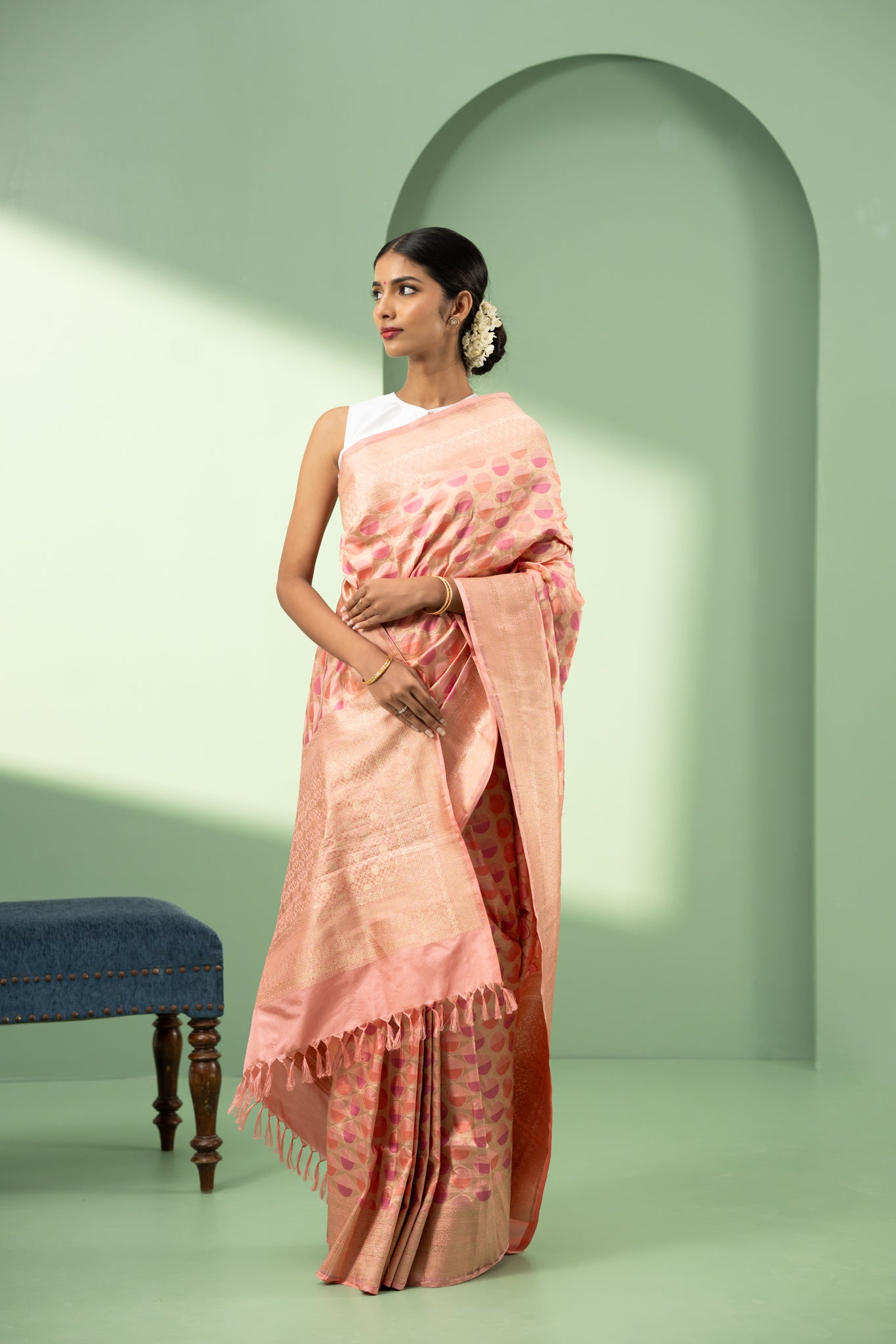 Pastel pink geometric pure Banaras silk saree