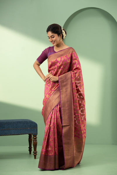 Magenta pink and purple pure Banaras Kora saree