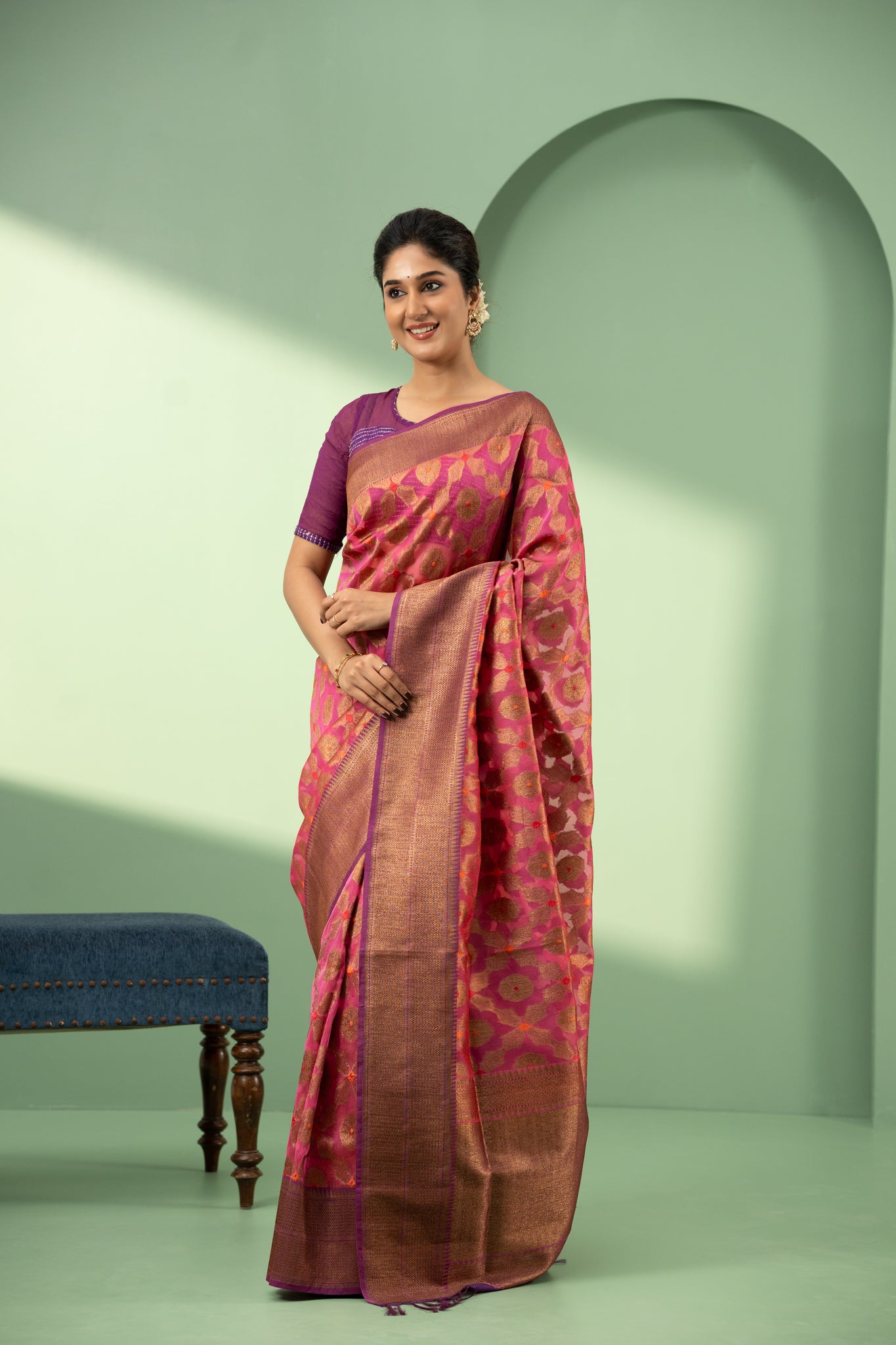 Magenta pink and purple pure Banaras Kora saree