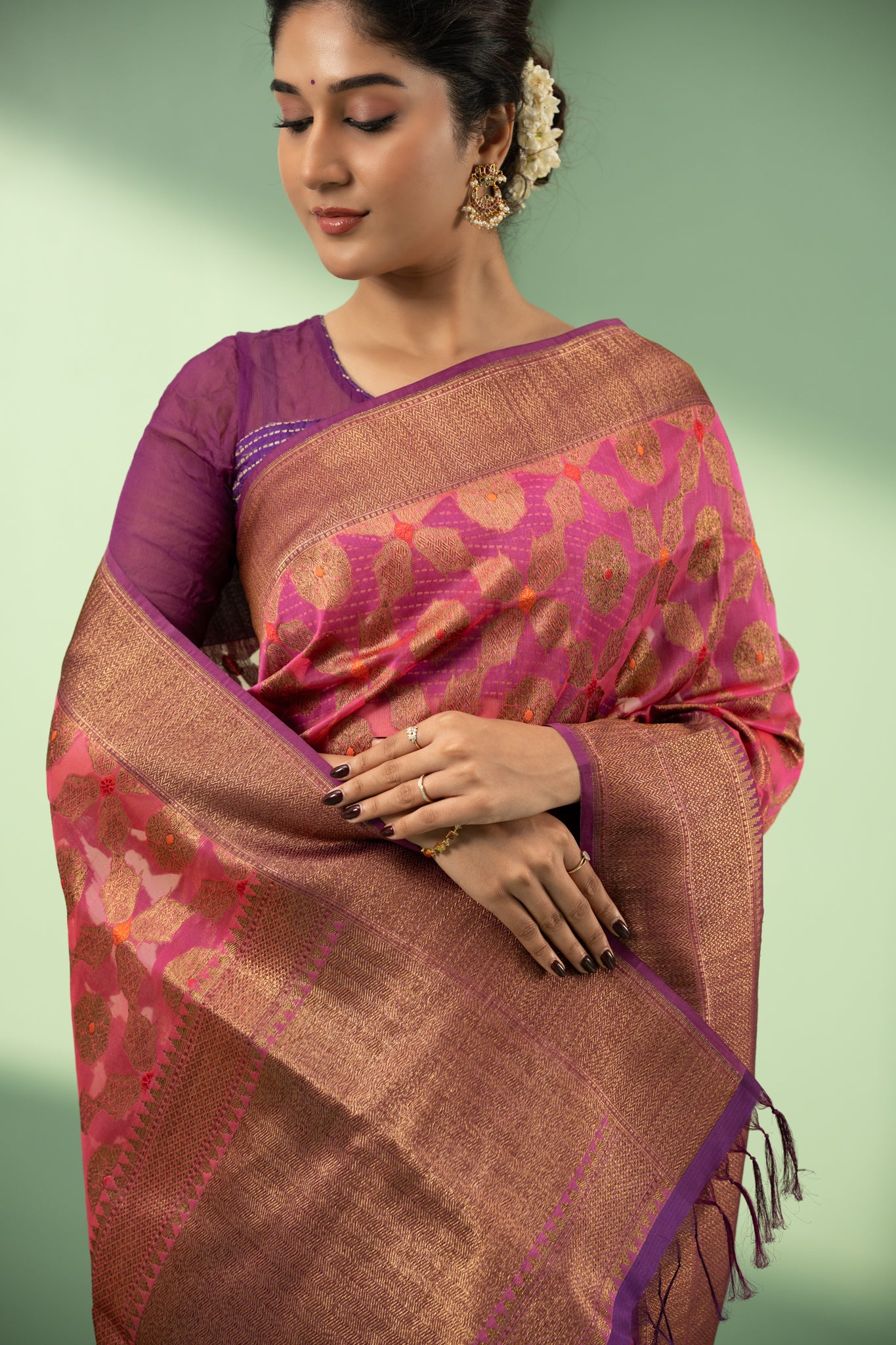 Magenta pink and purple pure Banaras Kora saree