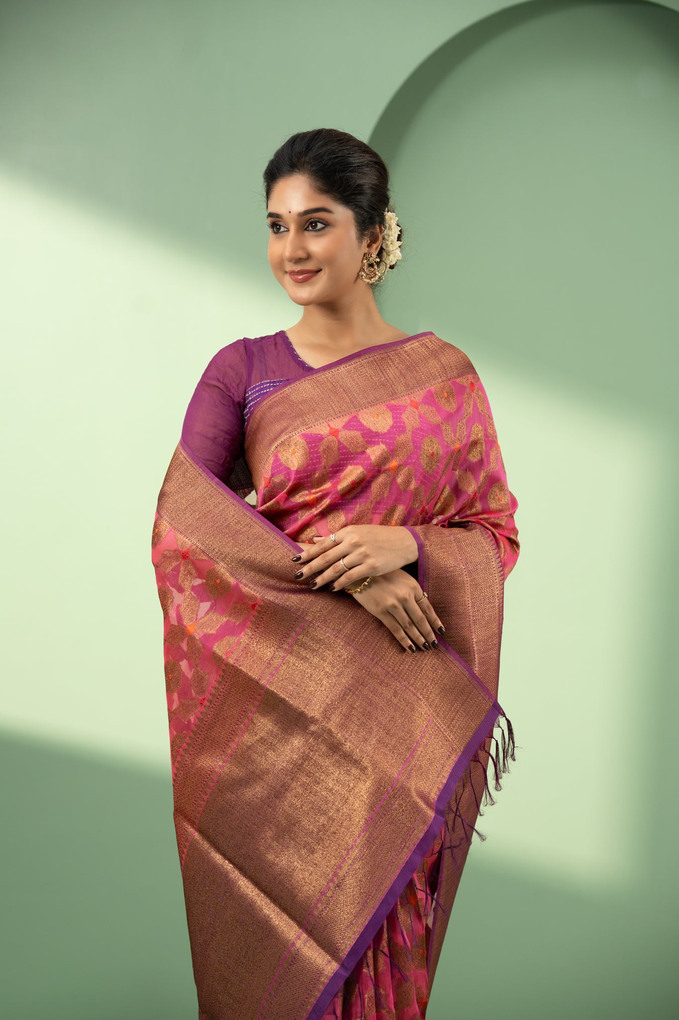 Magenta pink and purple pure Banaras Kora saree