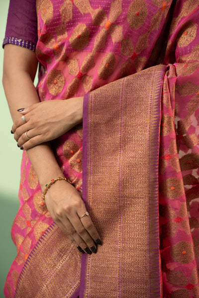 Magenta pink and purple pure Banaras Kora saree