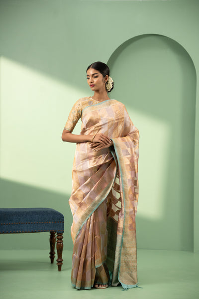 Lilac and gold stripes pure Banaras Kora silk saree