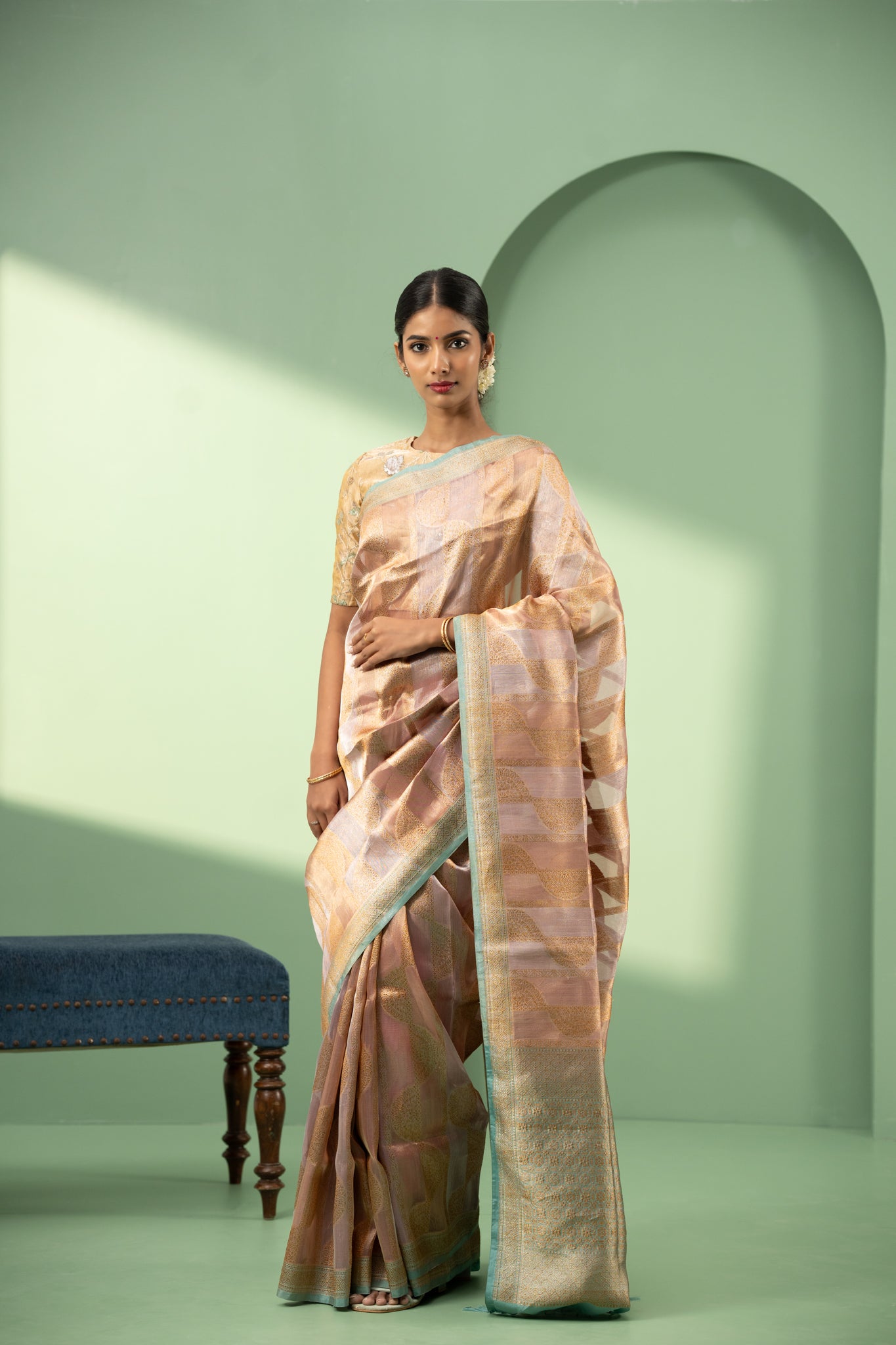 Lilac and gold stripes pure Banaras Kora silk saree