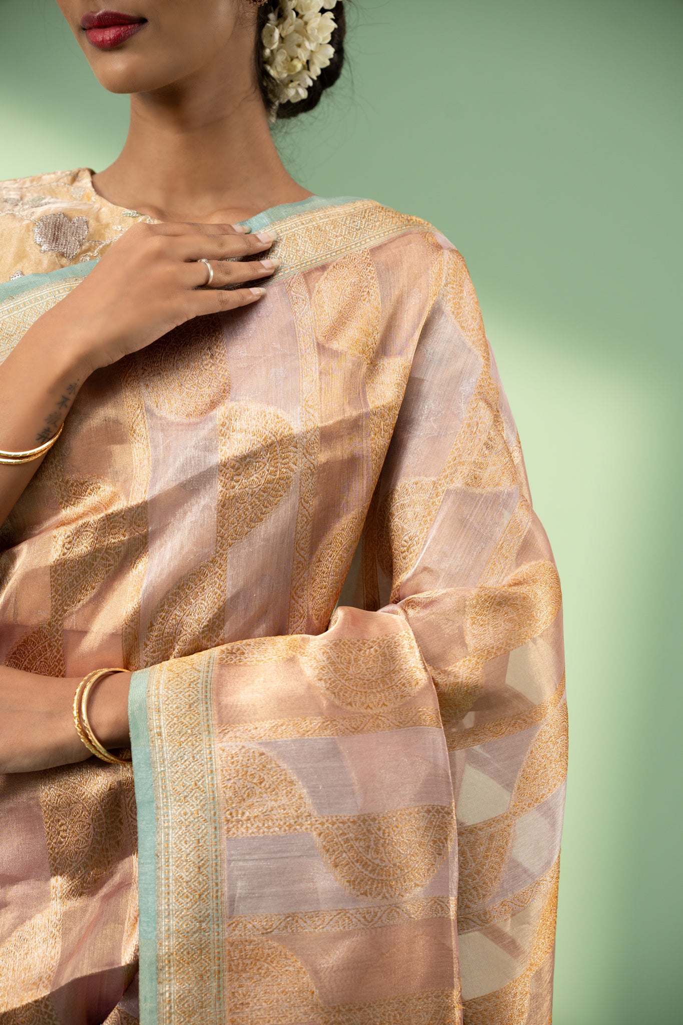 Lilac and gold stripes pure Banaras Kora silk saree