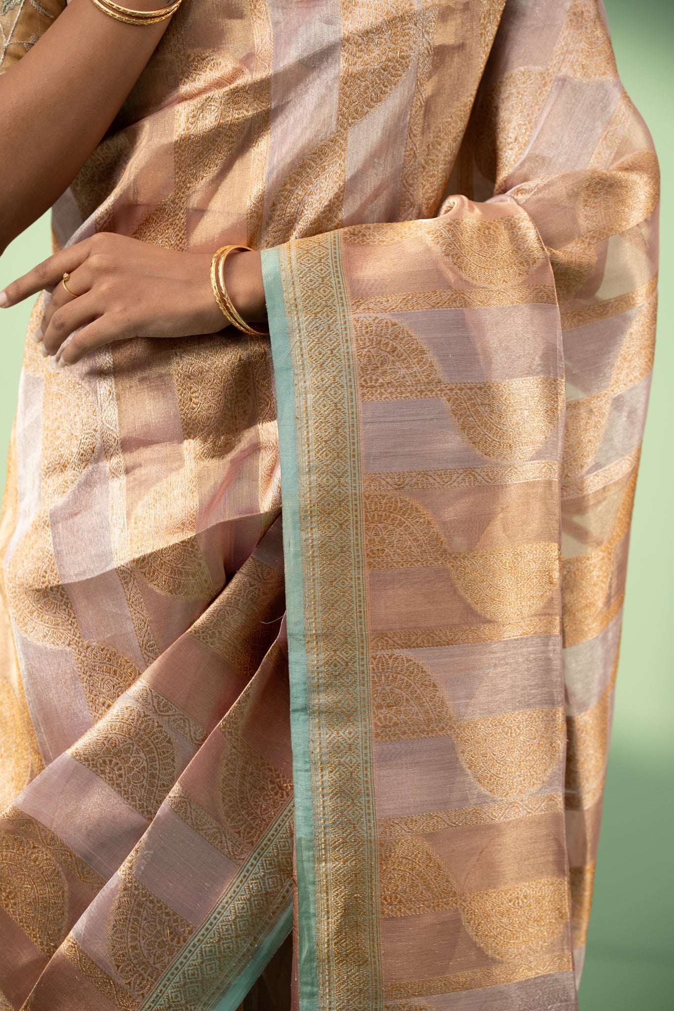 Lilac and gold stripes pure Banaras Kora silk saree