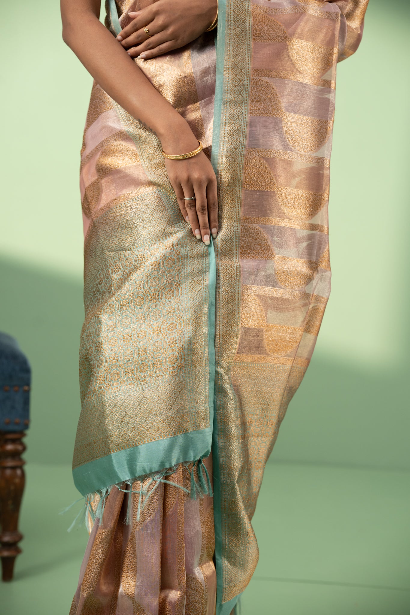 Lilac and gold stripes pure Banaras Kora silk saree