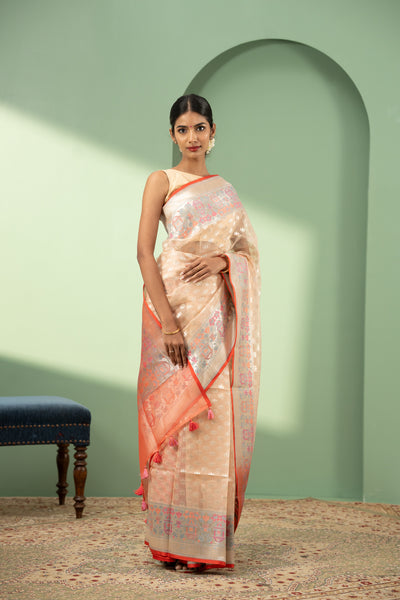 Peach silver Paithani pure Banaras Kora silk saree