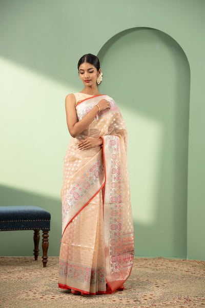 Peach silver Paithani pure Banaras Kora silk saree