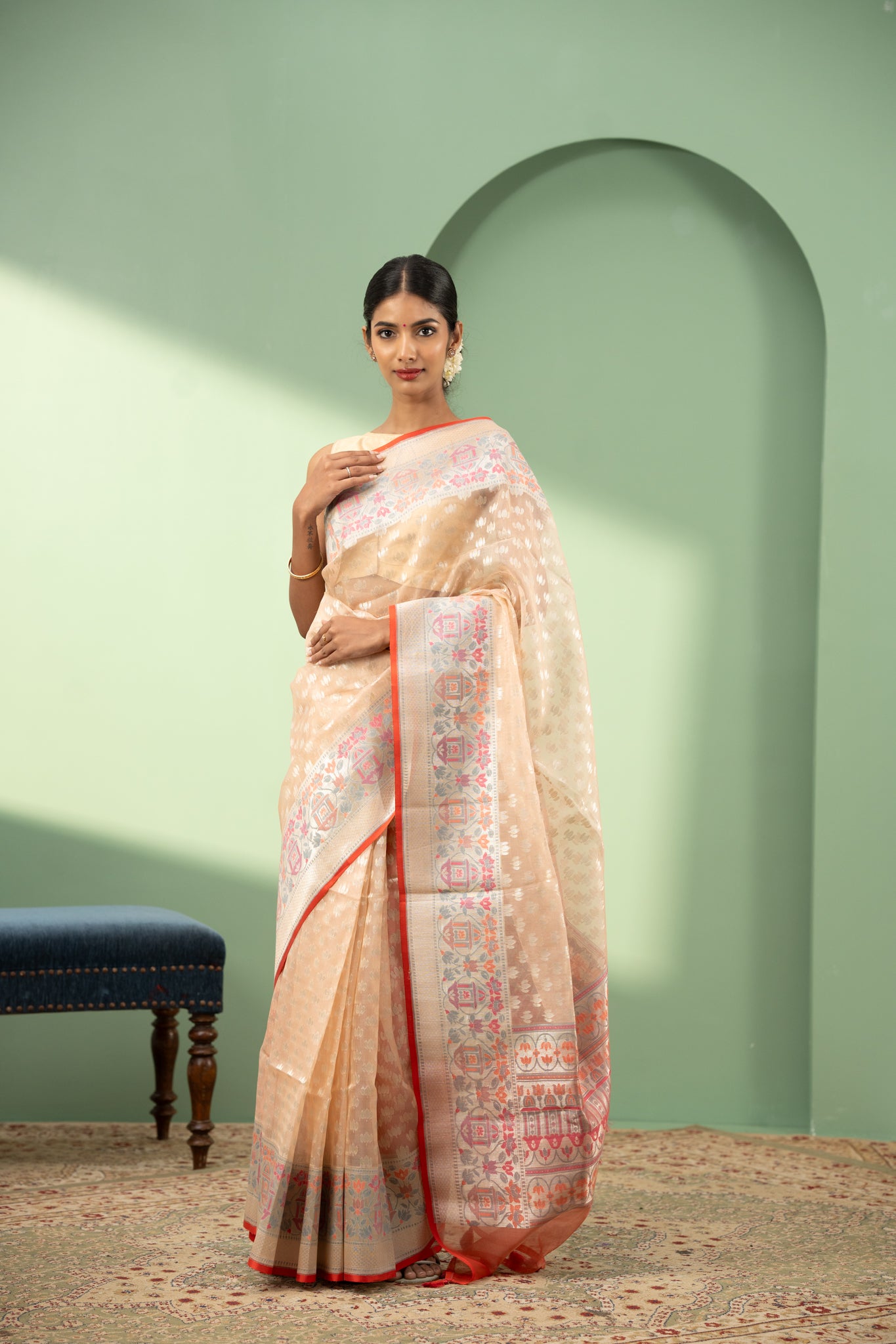 Peach silver Paithani pure Banaras Kora silk saree