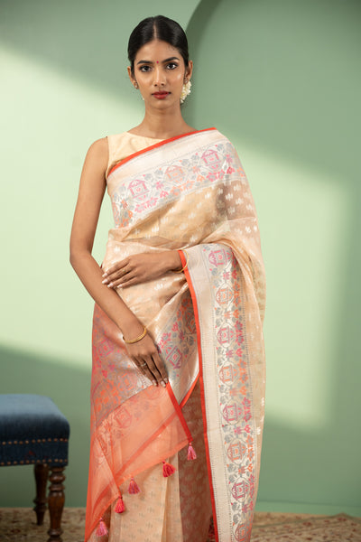 Peach silver Paithani pure Banaras Kora silk saree