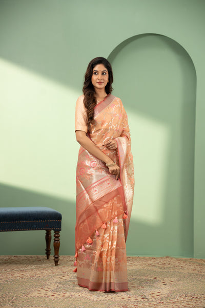 Peach Paithani pure Banaras Kora silk saree