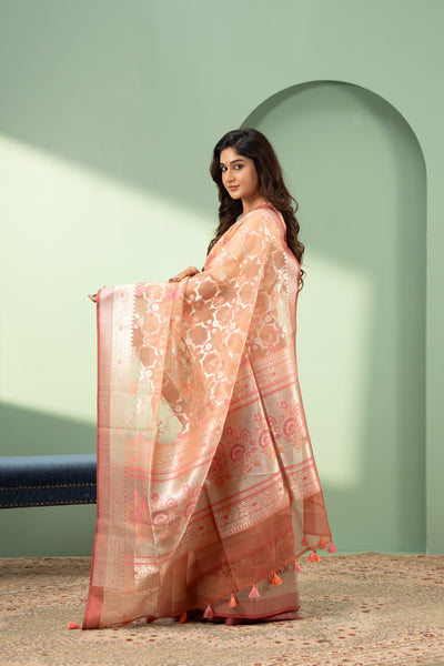 Peach Paithani pure Banaras Kora silk saree