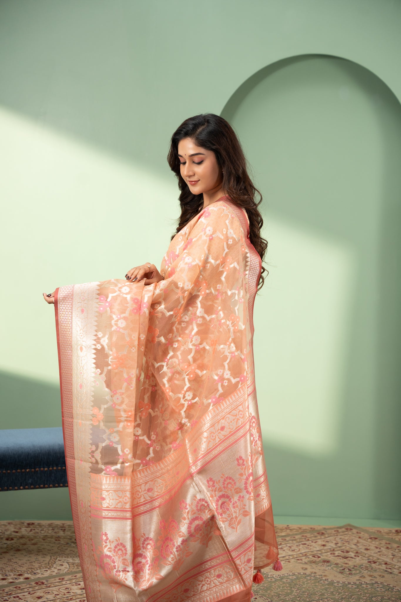 Peach Paithani pure Banaras Kora silk saree