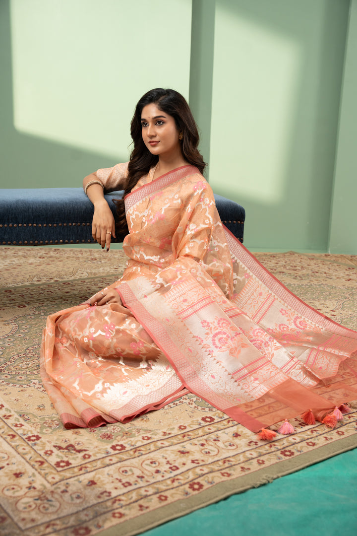 Peach Paithani pure Banaras Kora silk saree