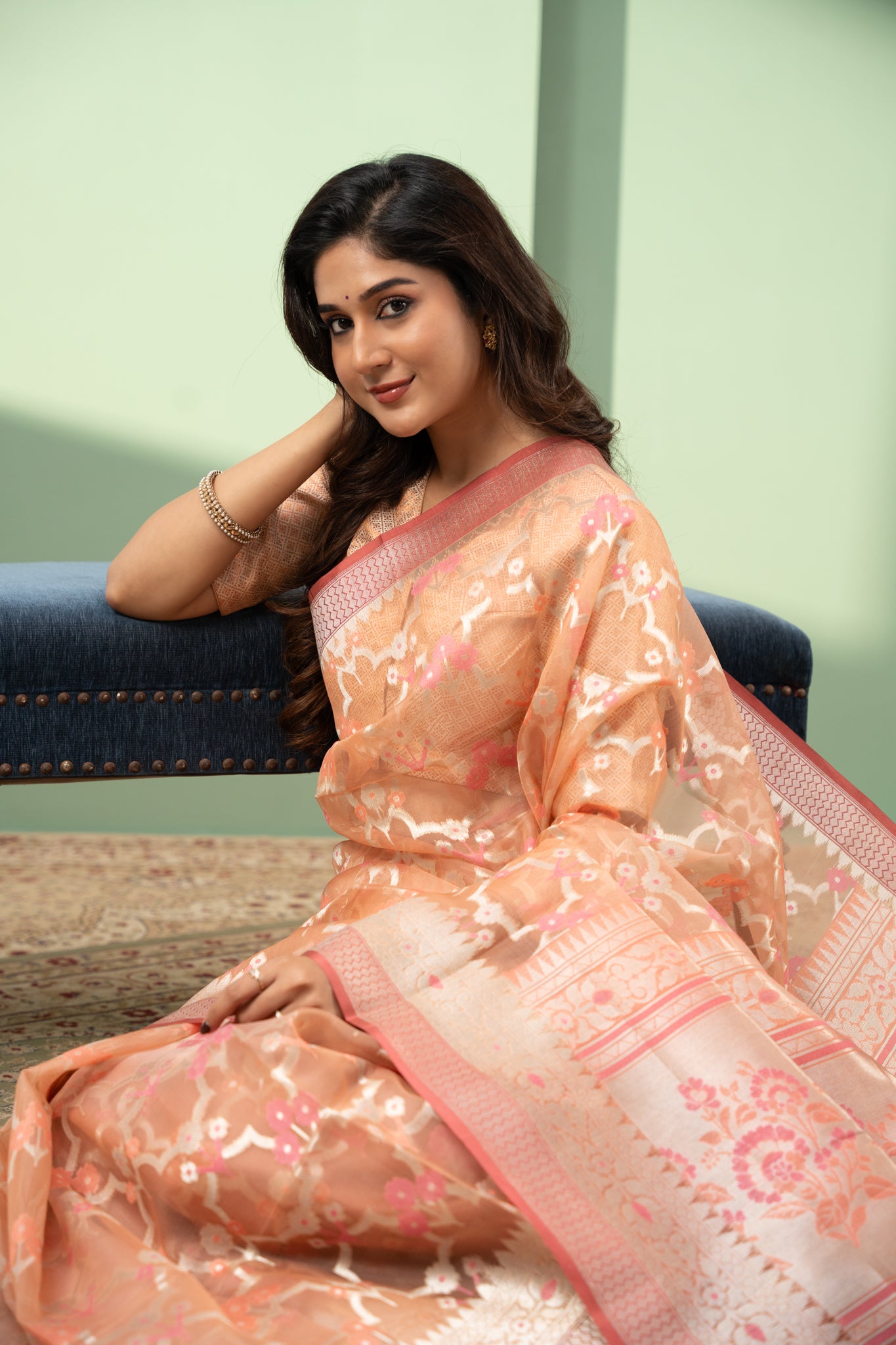 Peach Paithani pure Banaras Kora silk saree