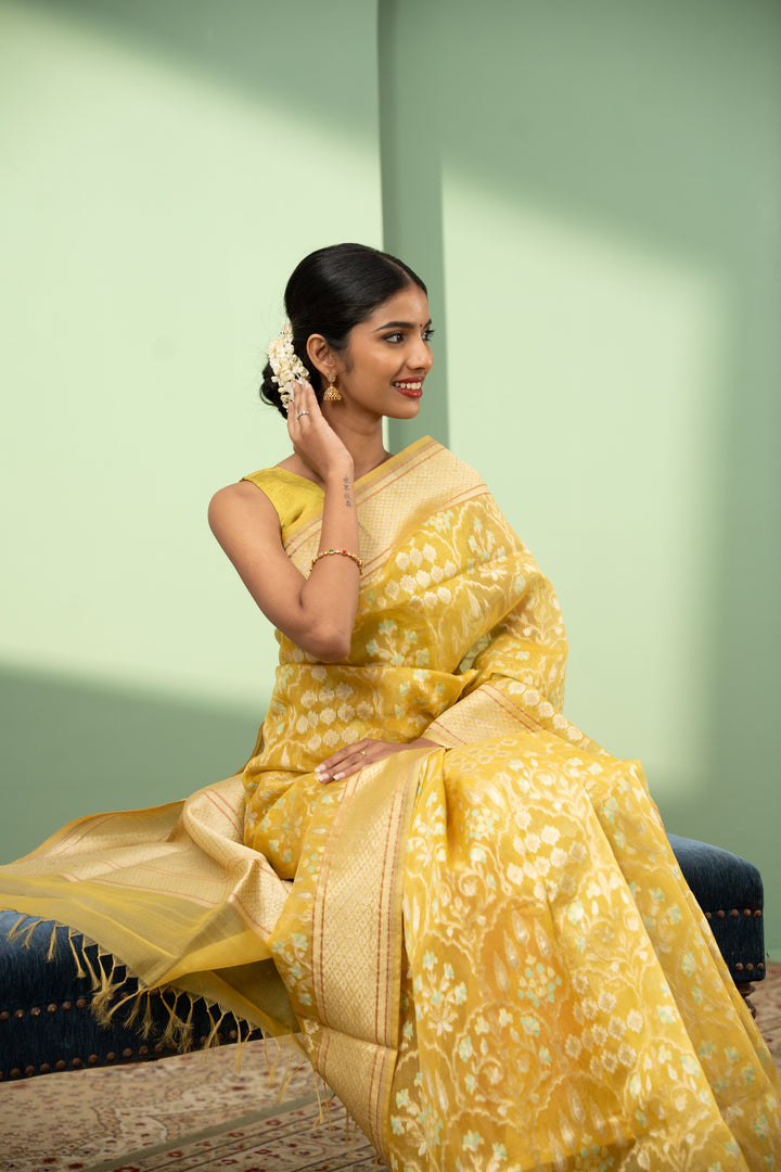Lime yellow Jamdani pure Banaras Kora saree