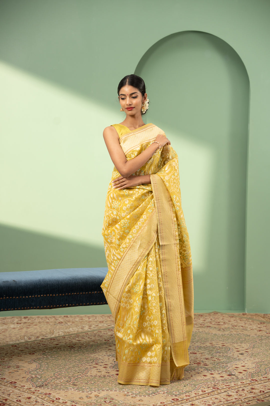 Lime yellow Jamdani pure Banaras Kora saree