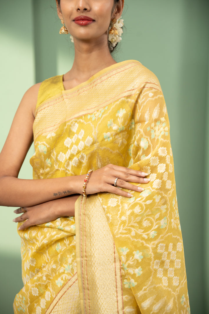 Lime yellow Jamdani pure Banaras Kora saree