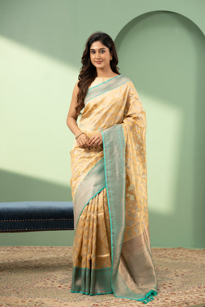 Cream and blue pure kora Banaras saree