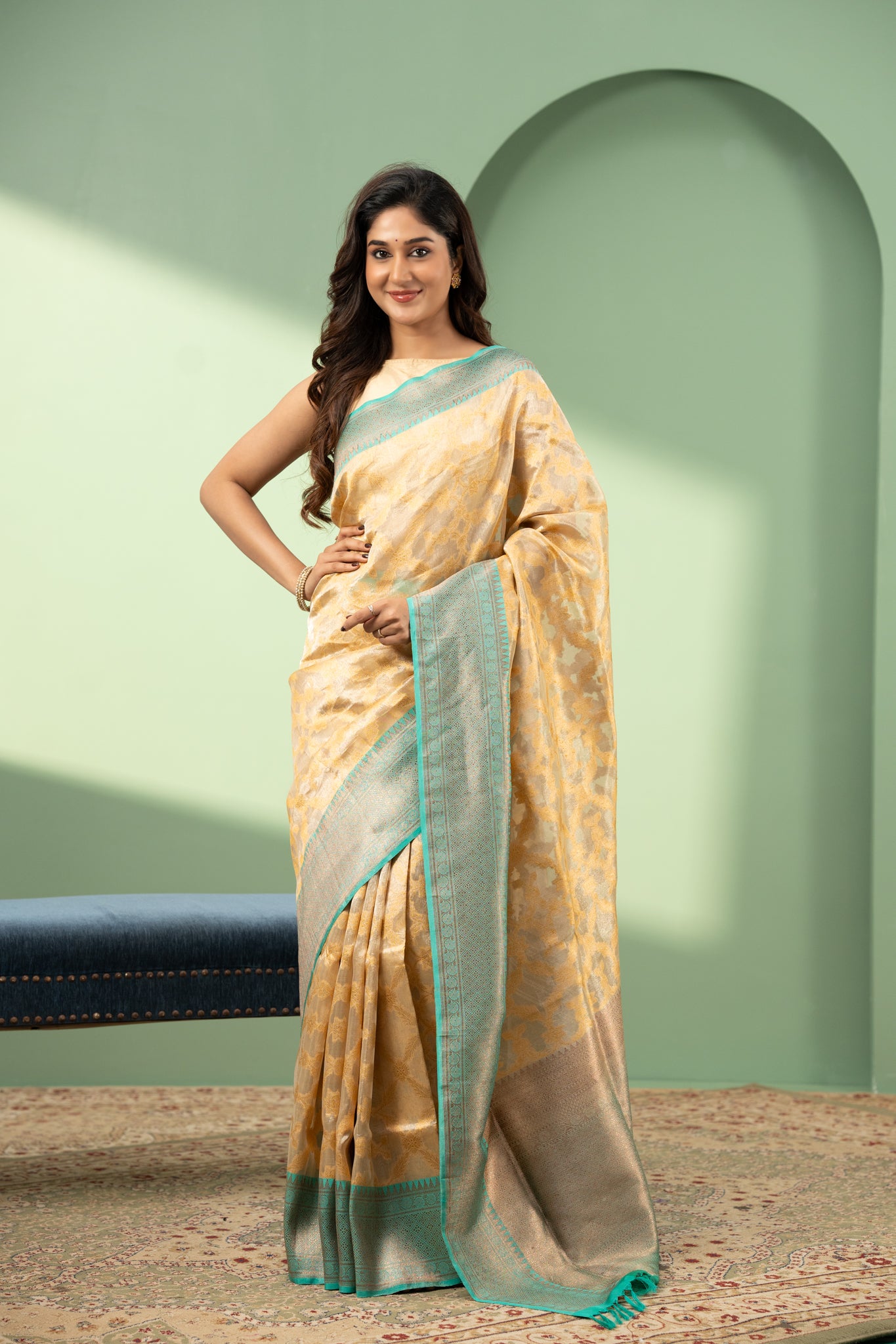 Cream and blue pure kora Banaras saree