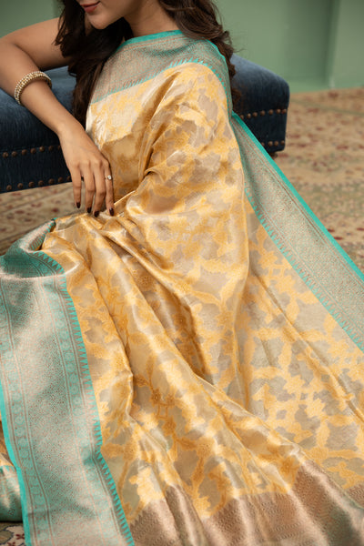 Cream and blue pure kora Banaras saree