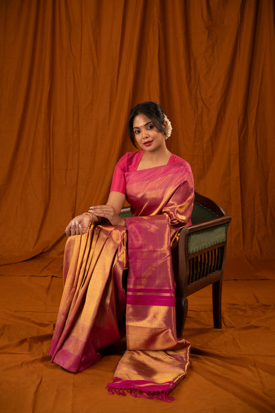 Gold and pink tissue ettu kol pure zari Kanchipuram silk saree