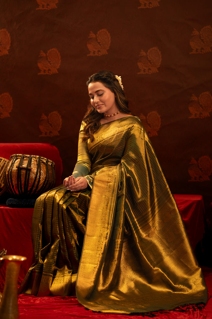 Emerald green vintage stripes tissue Kanchipuram silk saree