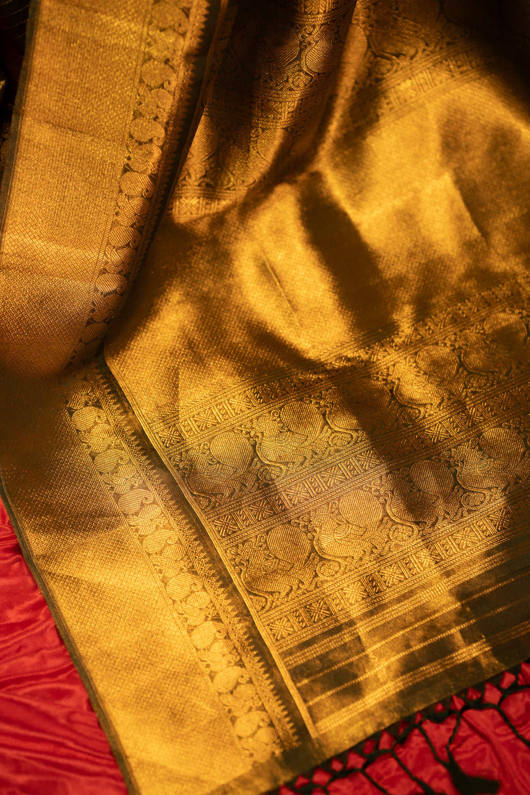 Emerald green vintage stripes tissue Kanchipuram silk saree