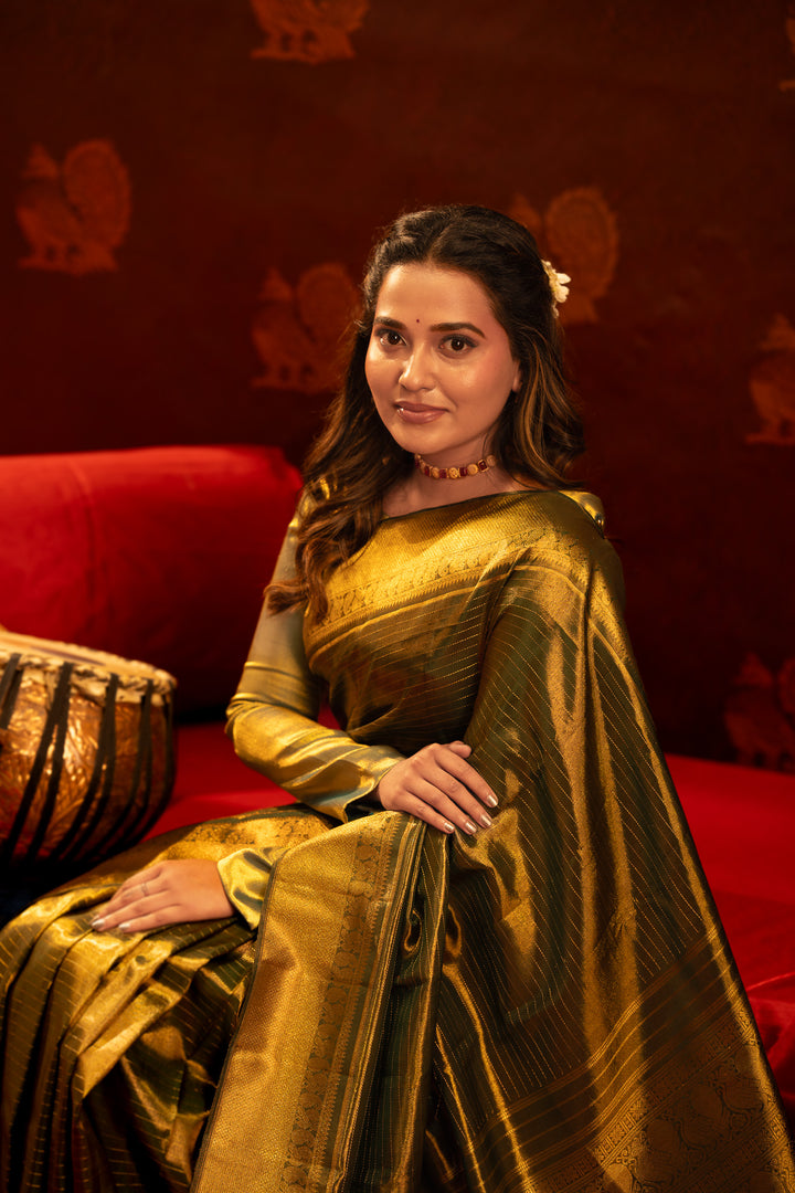 Emerald green vintage stripes tissue Kanchipuram silk saree