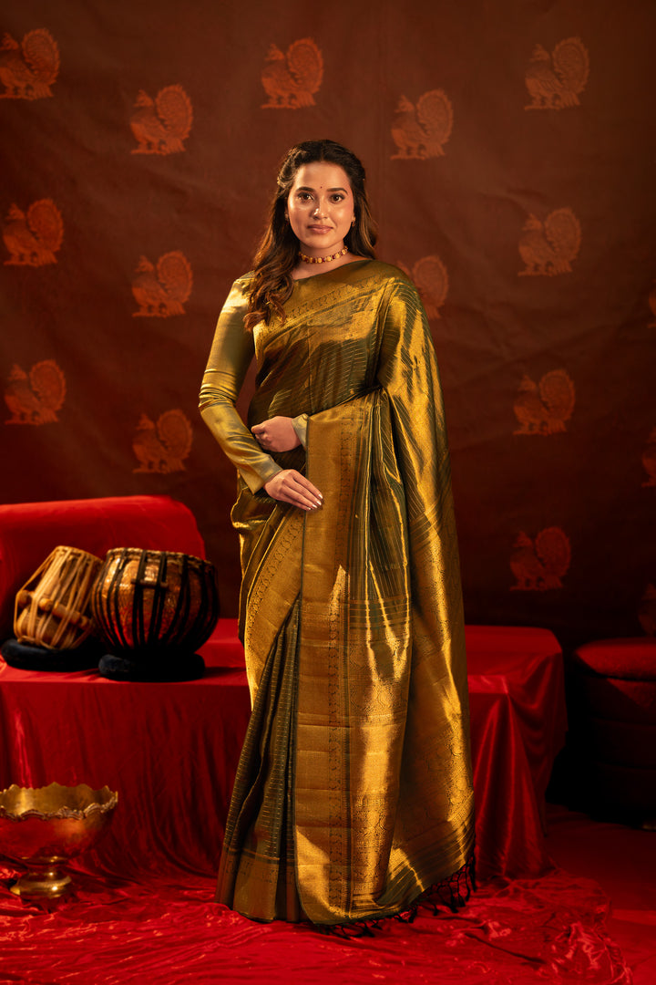 Emerald green vintage stripes tissue Kanchipuram silk saree