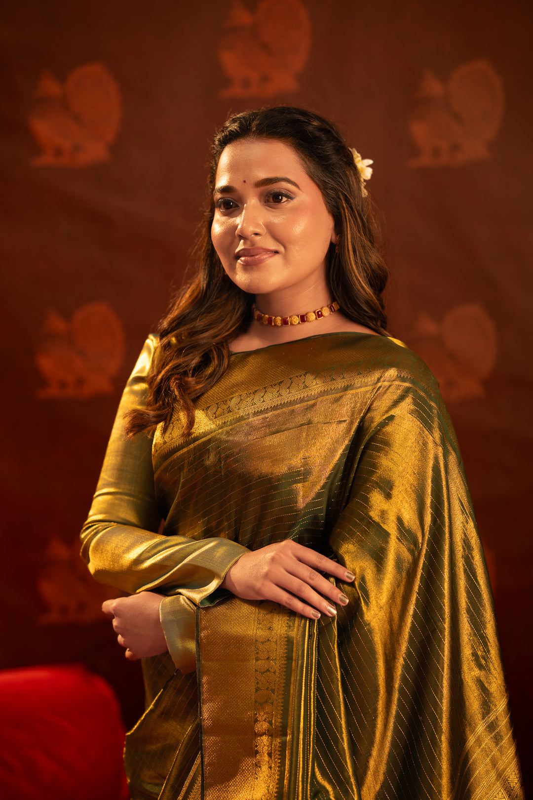 Emerald green vintage stripes tissue Kanchipuram silk saree