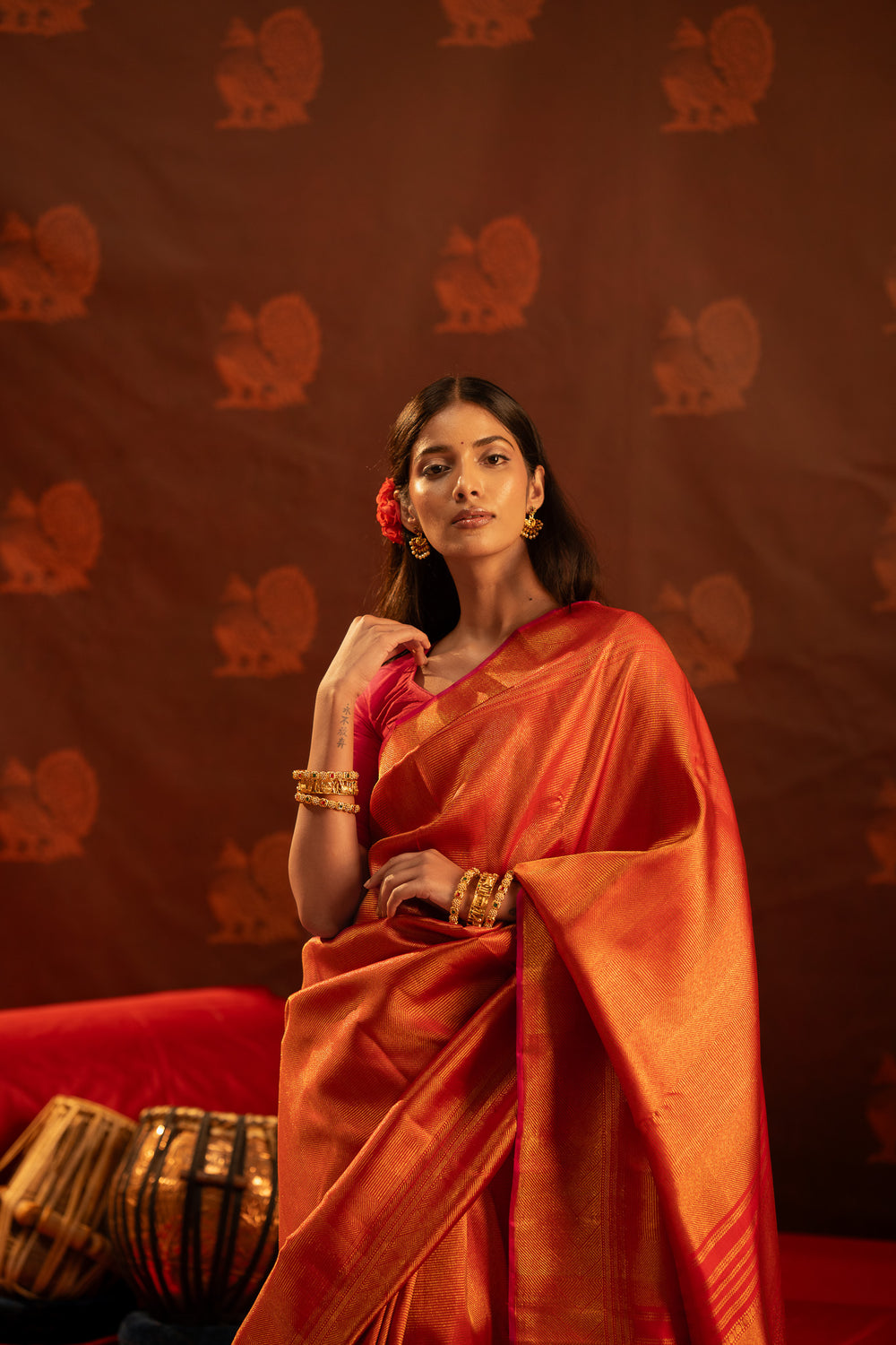 Vermillion Red brocade pure Kanchipuram silk saree